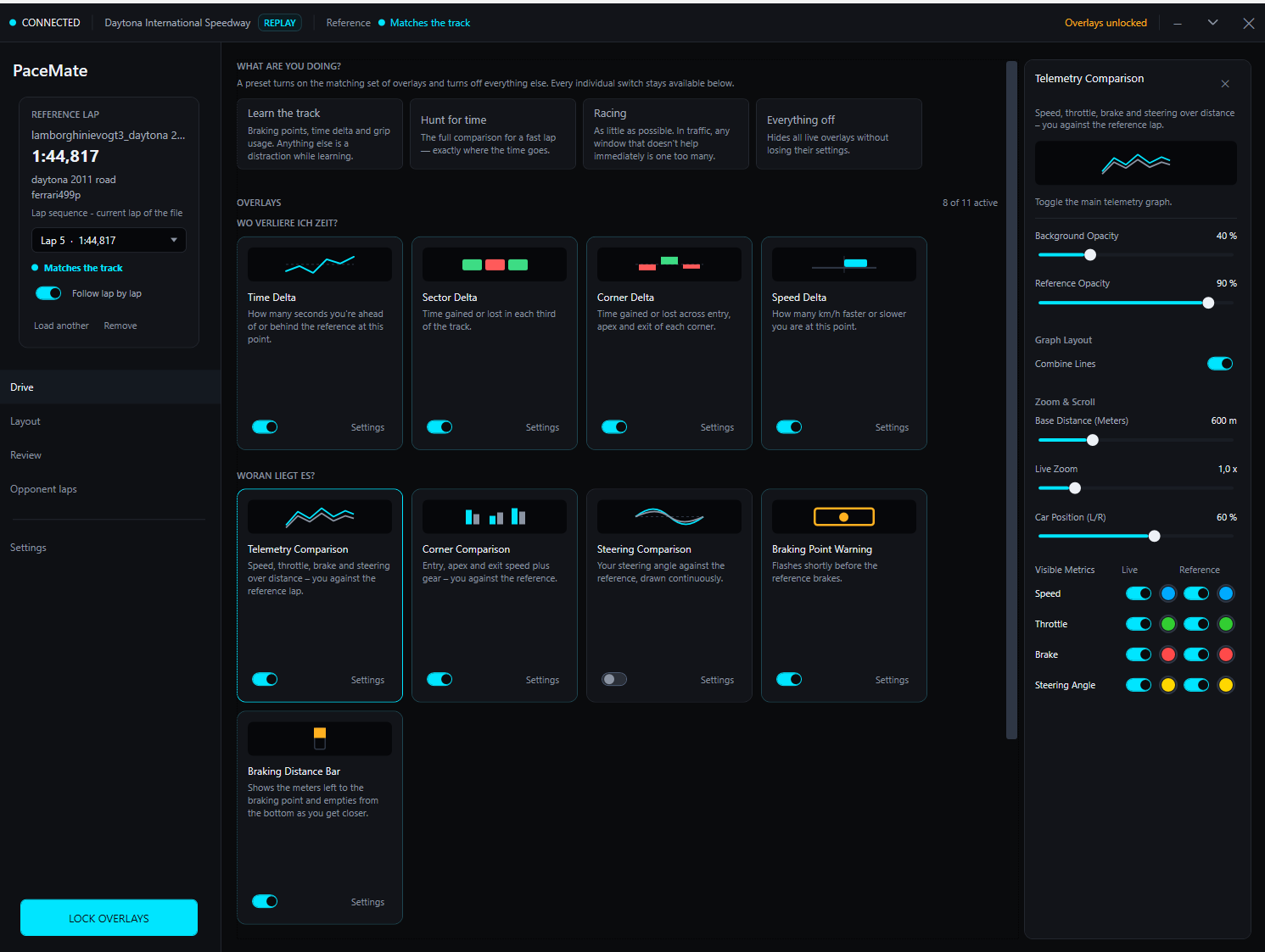 PaceMate main window with the question 'What are you doing?' and the four presets Learn the track, Hunt for time, Racing and Everything off, with the list of all overlays and quick access to their settings below